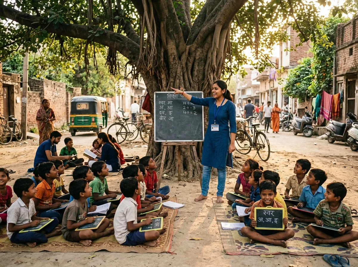 Young volunteers teaching children in an open-air street classroom in Lucknow.