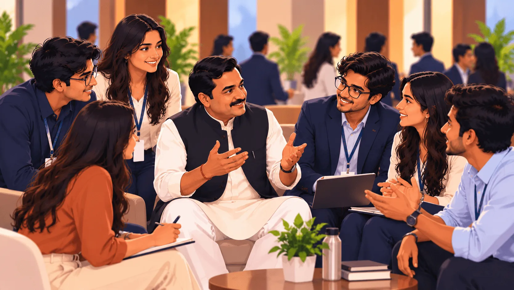 Young delegates and a government minister in conversation across a table at a YUVANITI dialogue in Lucknow.