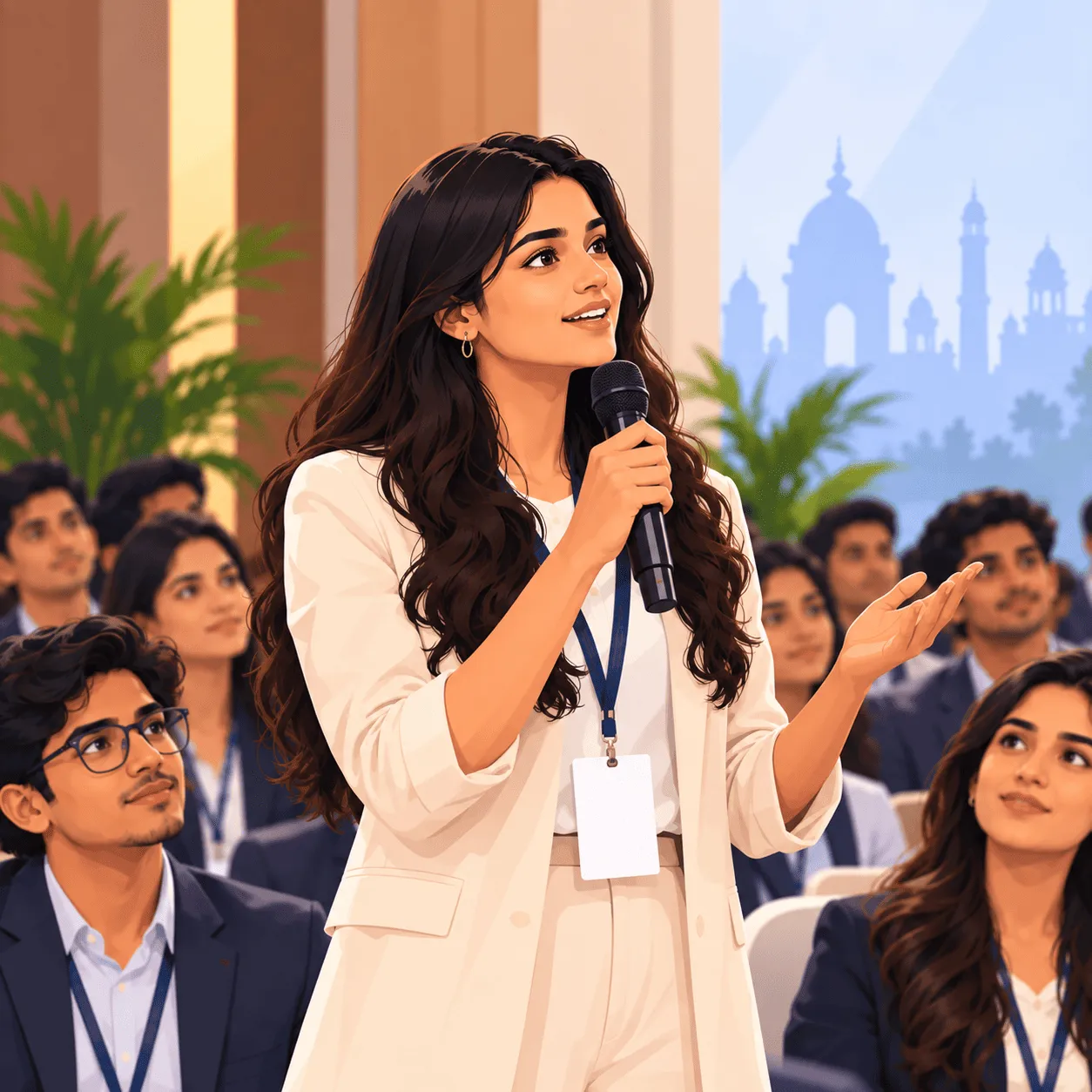A young delegate standing with a microphone to put her question to the panel.