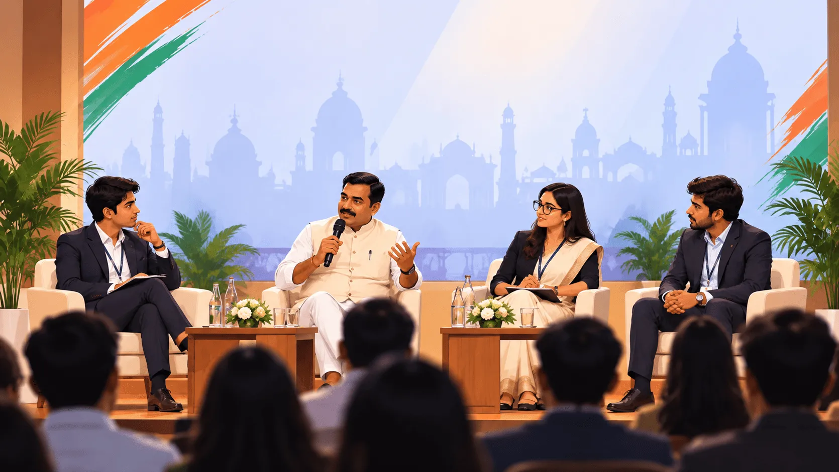 Speakers on stage in discussion at a past Yuva Samwaad panel.