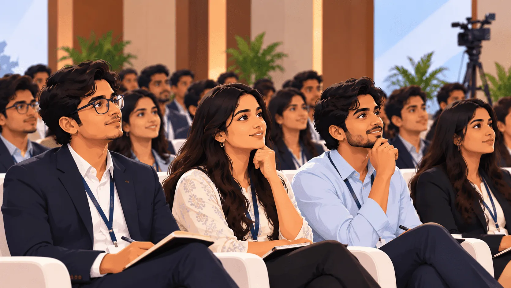 Young people in the audience listening, with hands raised to speak.