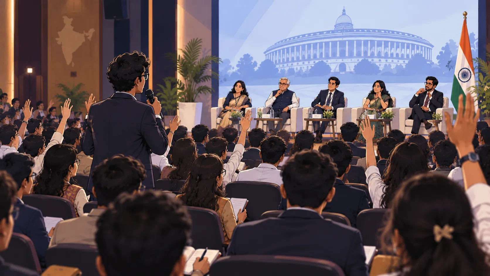 A panel discussion on stage at Yuva Samwaad with audience members raising their hands.