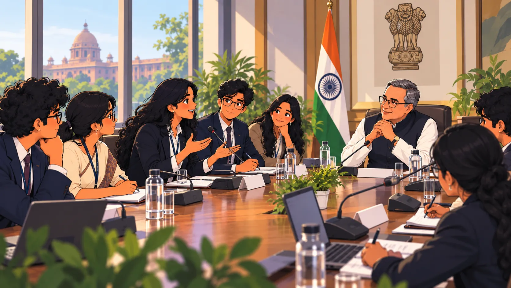 Young people in conversation with a government minister across a table at a YUVANITI dialogue.
