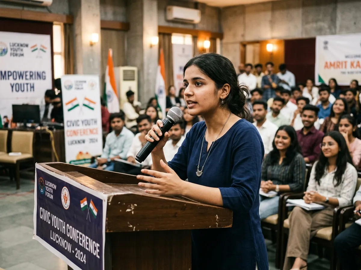 A young speaker addressing an audience from a YUVANITI podium.